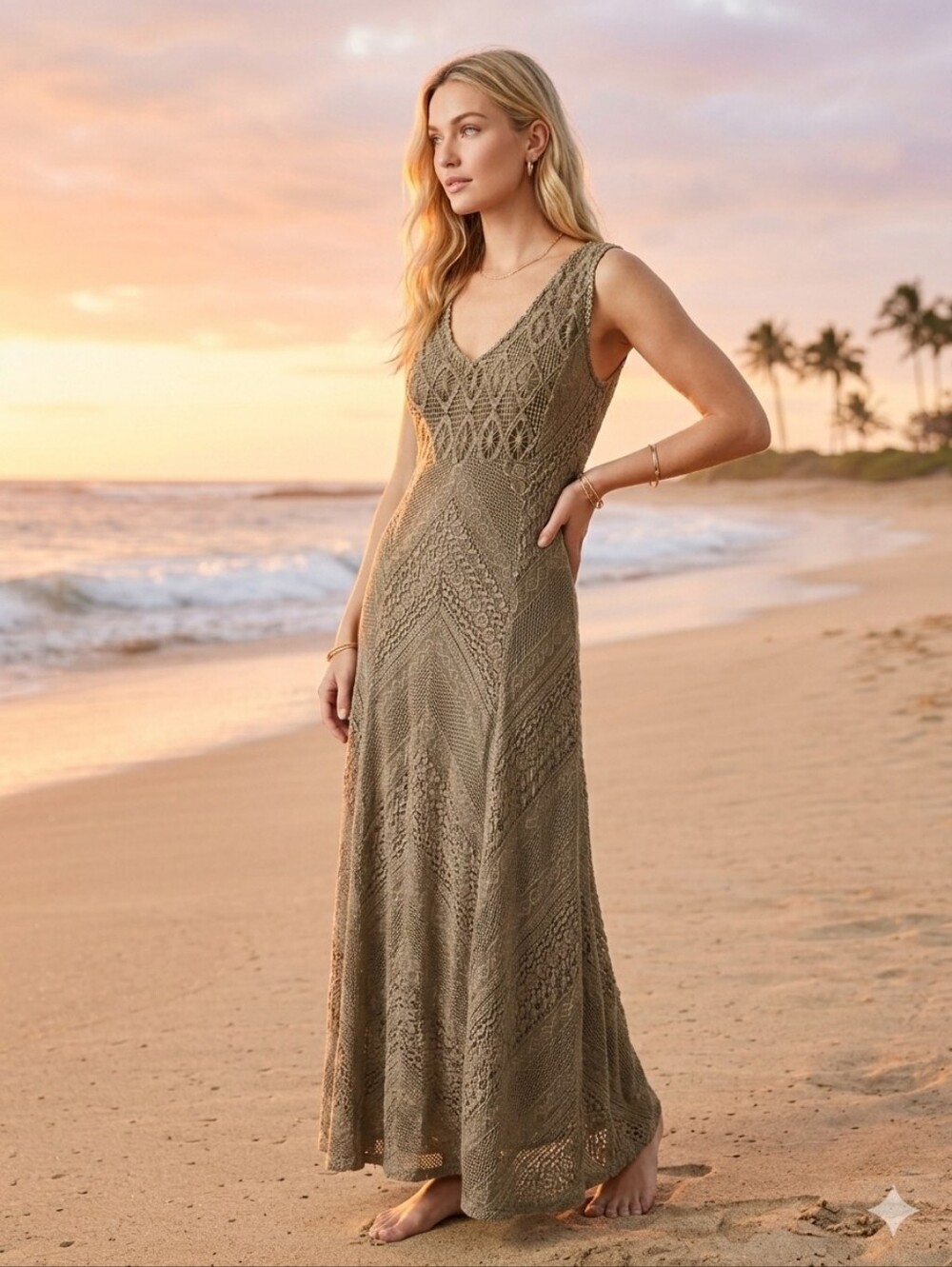 Sleeveless Crocheted Maxi Dress in Taupe